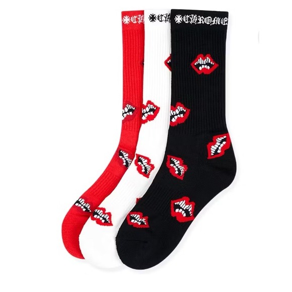Chrome Hearts Chomper Socks 3 Pack Large 9-13 Red White Black Lips CH New Rare - Picture 1 of 2